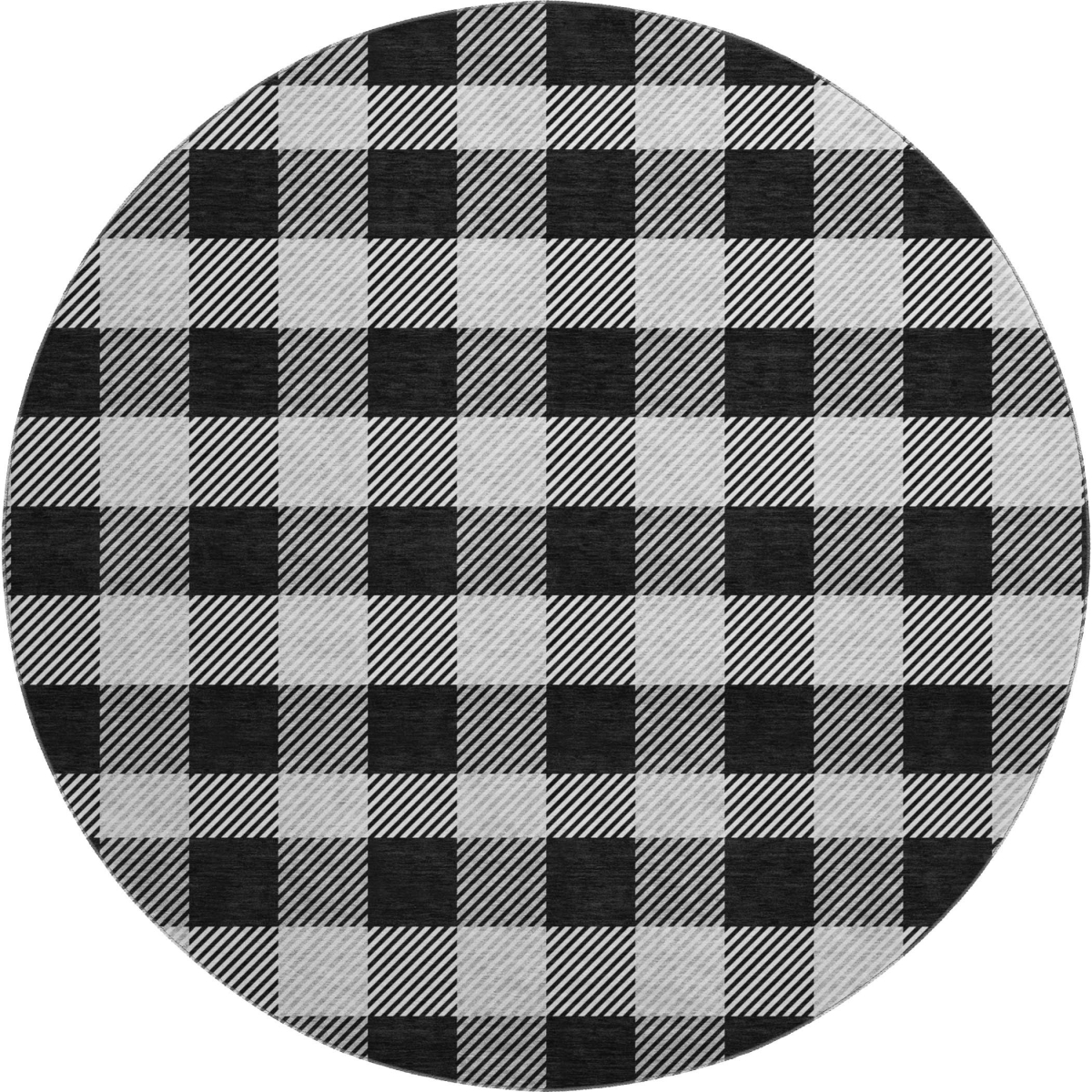 673444 8 ft. Black & Ivory Plaid Transitional Washable Round Area Rug with UV Protection