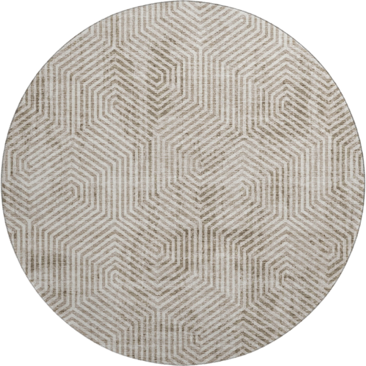 672533 8 ft. Taupe & Beige Geometric Transitional Washable Round Area Rug with UV Protection
