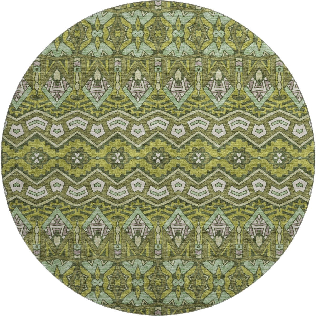 672287 8 ft. Olive Green & Beige Moroccan Transitional Washable Round Area Rug with UV Protection