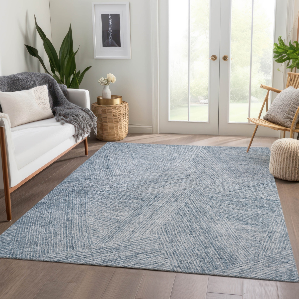678142 9 x 12 ft. Denim Blue & Ivory Abstract Transitional Washable Machine Made Rectangle Area Rug with UV Protection