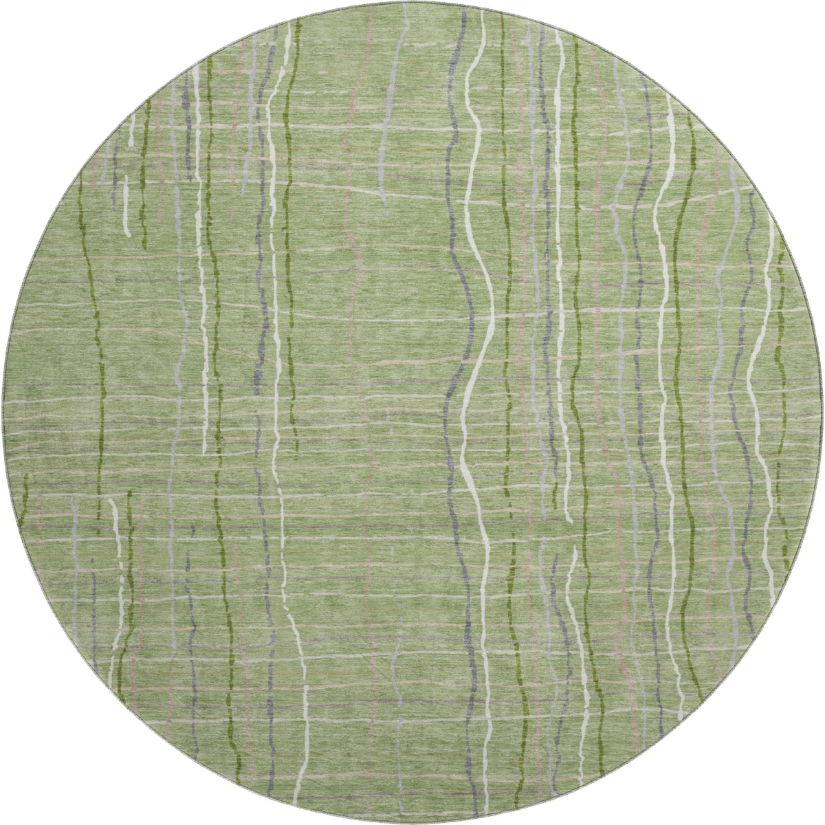678541 8 ft. Green, Ivory & Gray Striped Transitional Washable Round Area Rug with UV Protection