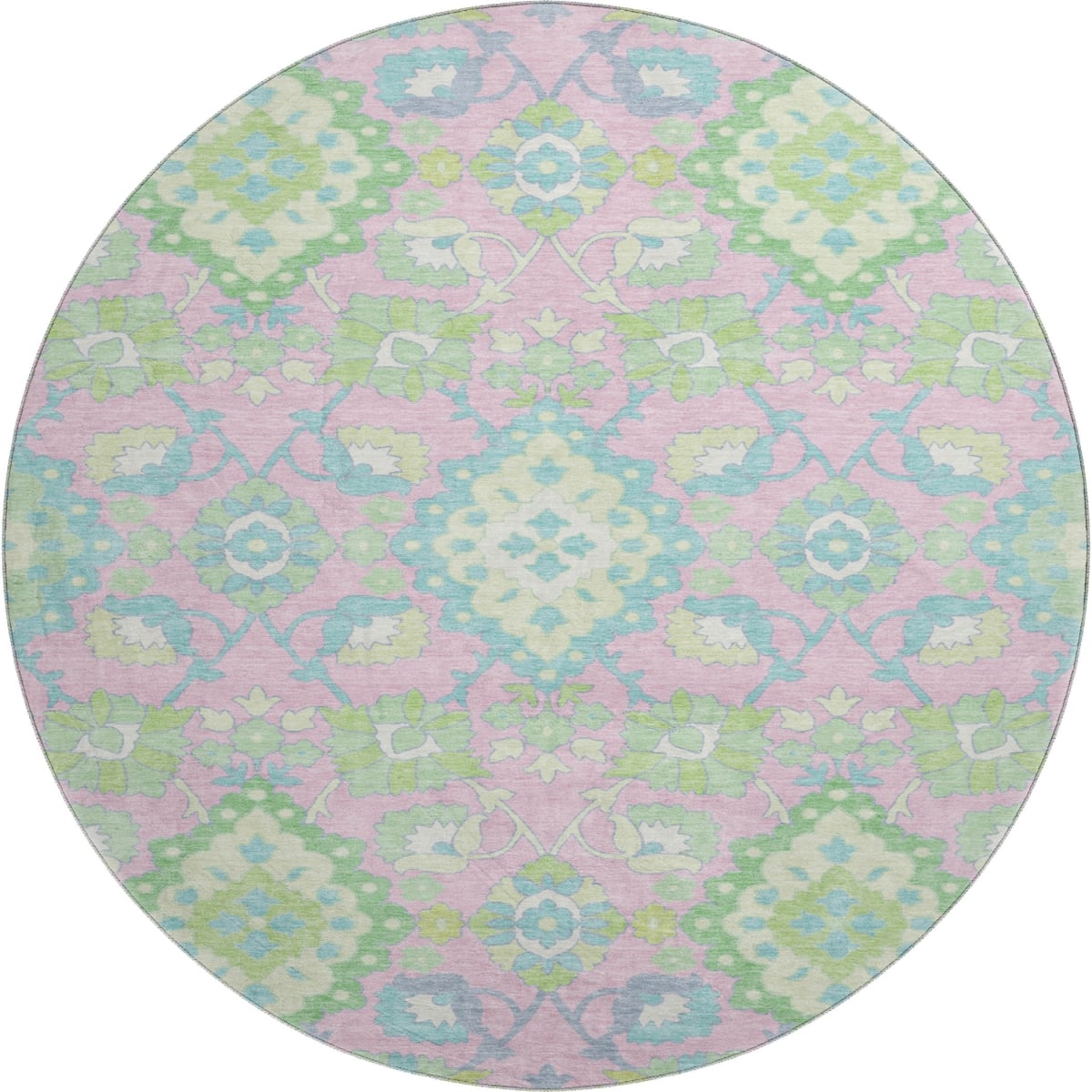 678865 8 ft. Pink Teal & Lime Green Oriental Washable Round Area Rug with UV Protection