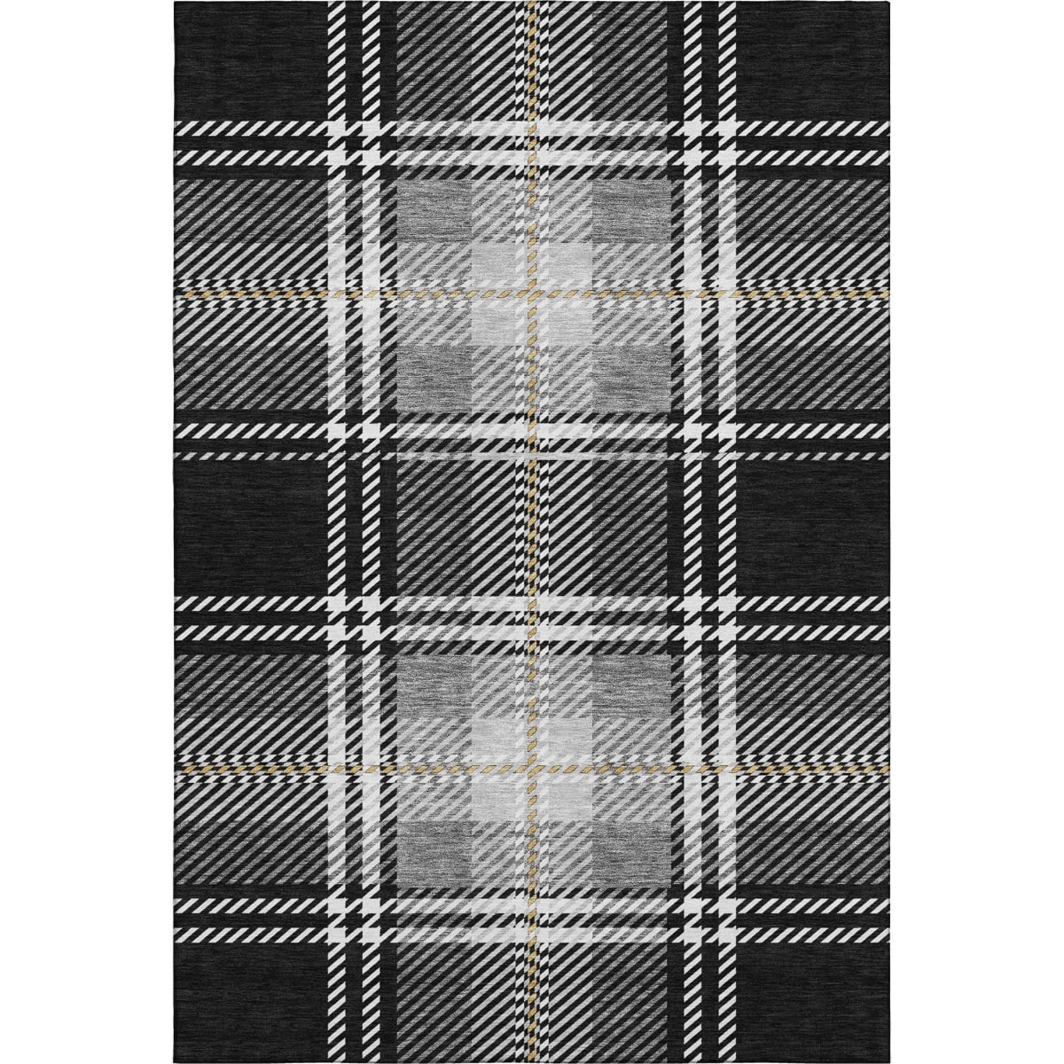 674289 5 x 8 ft. Black Ivory & Gold Plaid Washable Machine Made Rectangle Area Rug with UV Protection