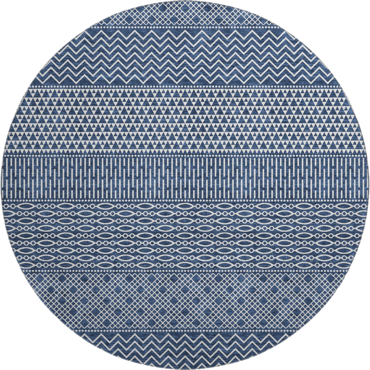 674805 8 ft. Navy Blue & Ivory Striped Transitional Washable Round Area Rug with UV Protection