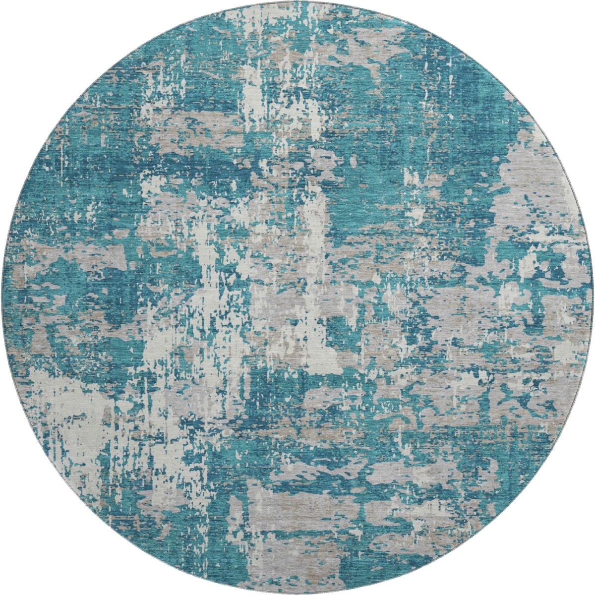 679159 8 ft. Teal, Gray & Ivory Abstract Transitional Washable Round Area Rug with UV Protection
