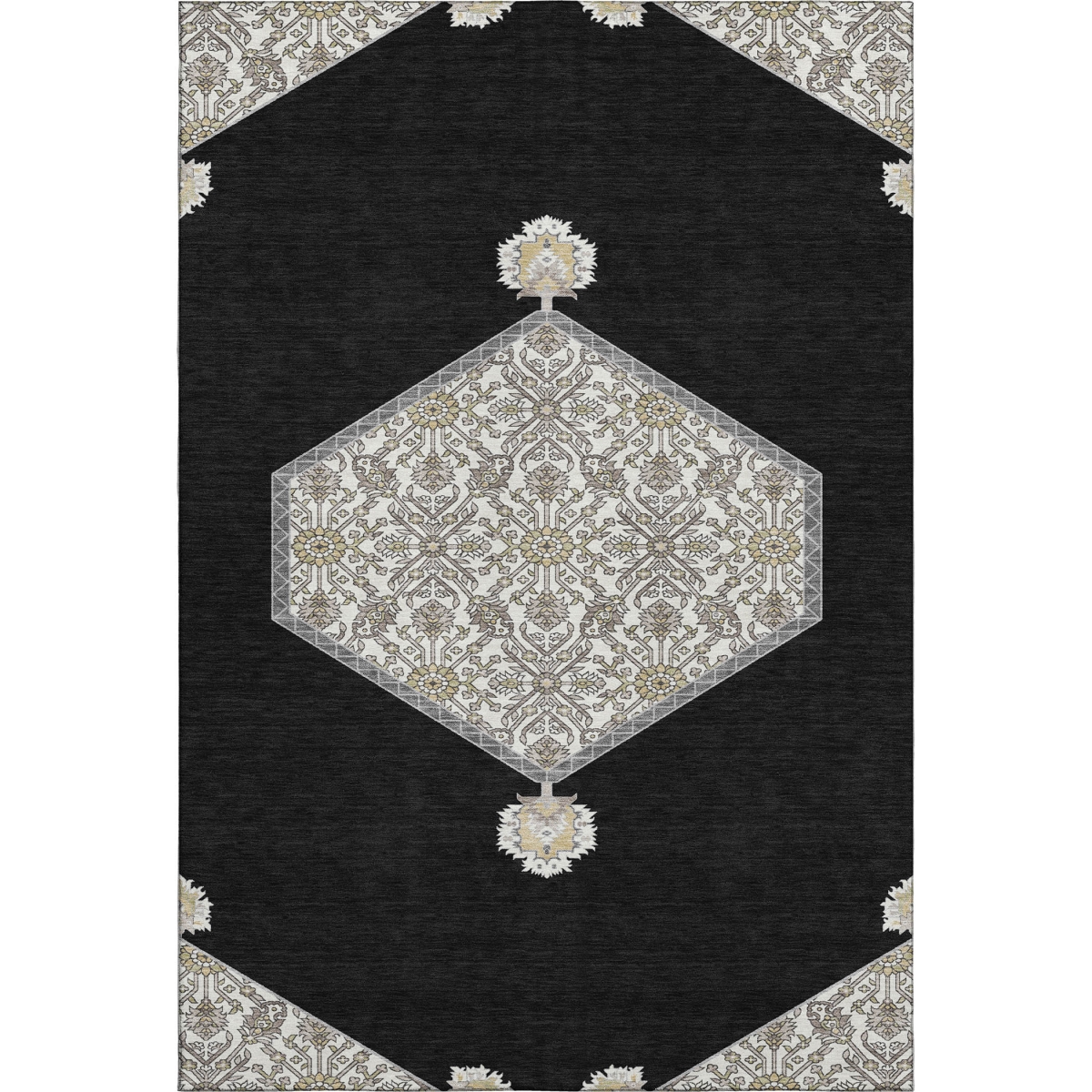 679336 10 x 14 ft. Black Ivory & Gold Oriental Washable Machine Made Rectangle Area Rug with UV Protection