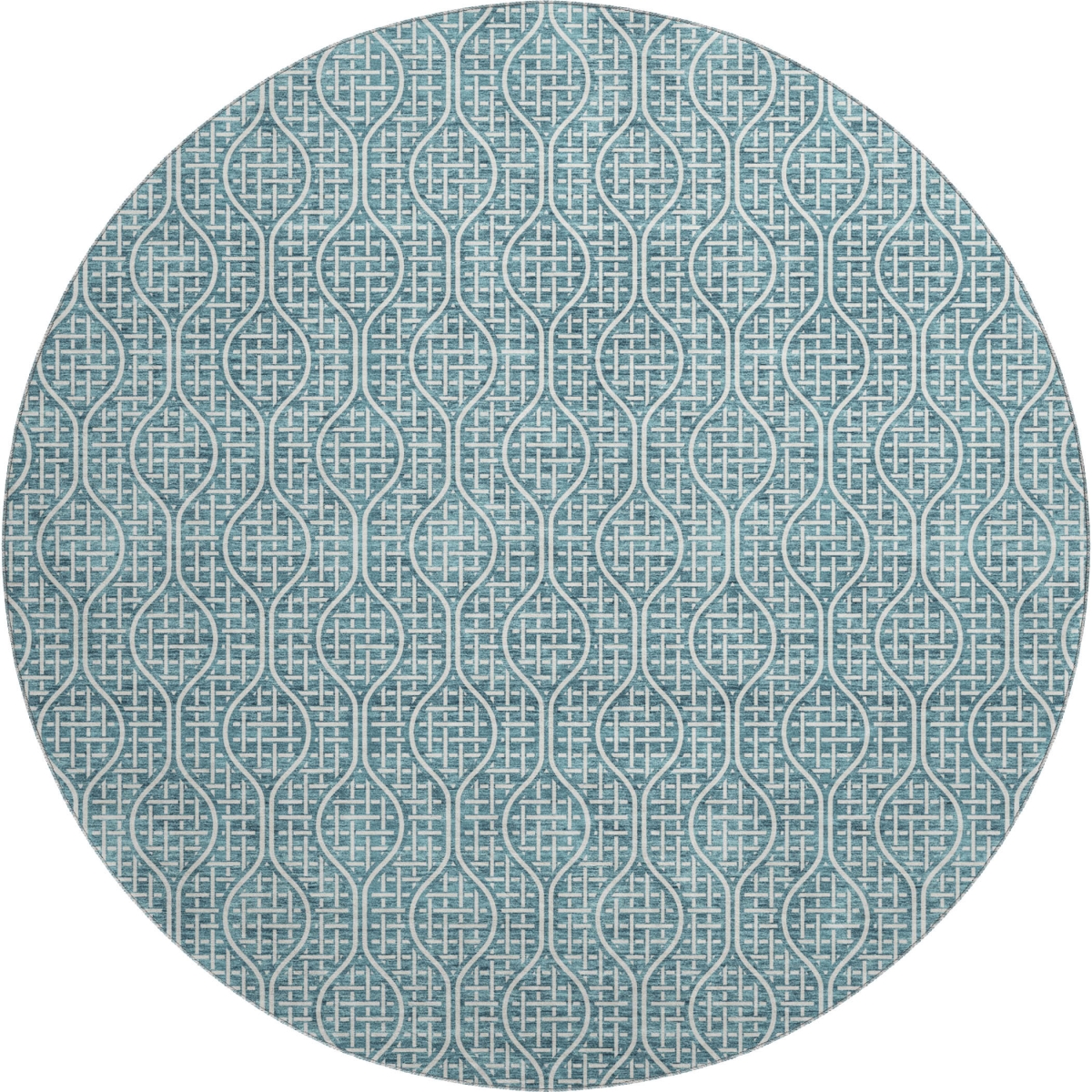 673672 8 ft. Teal & Ivory Geometric Transitional Washable Round Area Rug with UV Protection