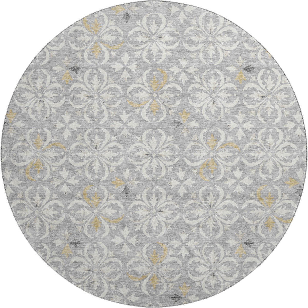 673930 8 ft. Gray & Ivory Floral Transitional Washable Round Area Rug with UV Protection