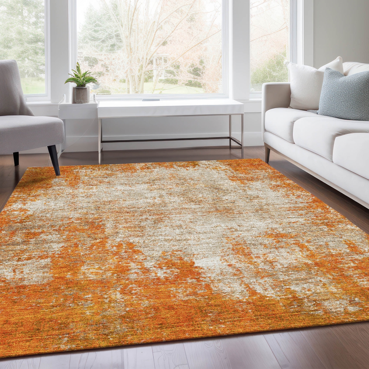 674866 8 x 10 ft. Orange & Ivory Abstract Transitional Washable Machine Made Rectangle Area Rug with UV Protection