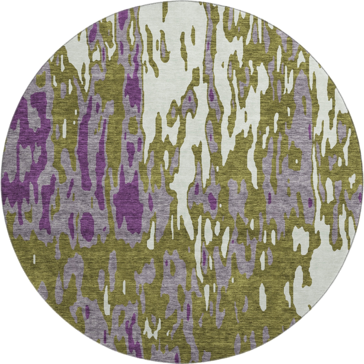 675855 8 ft. Olive Green Purple & Ivory Abstract Washable Round Area Rug with UV Protection