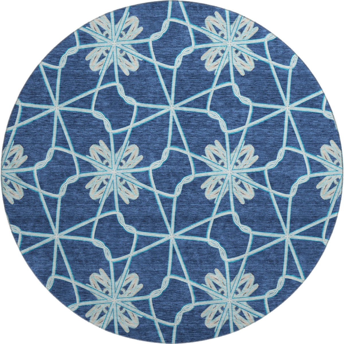 675939 8 ft. Navy Blue, Ivory & Gray Geometric Transitional Washable Round Area Rug with UV Protection