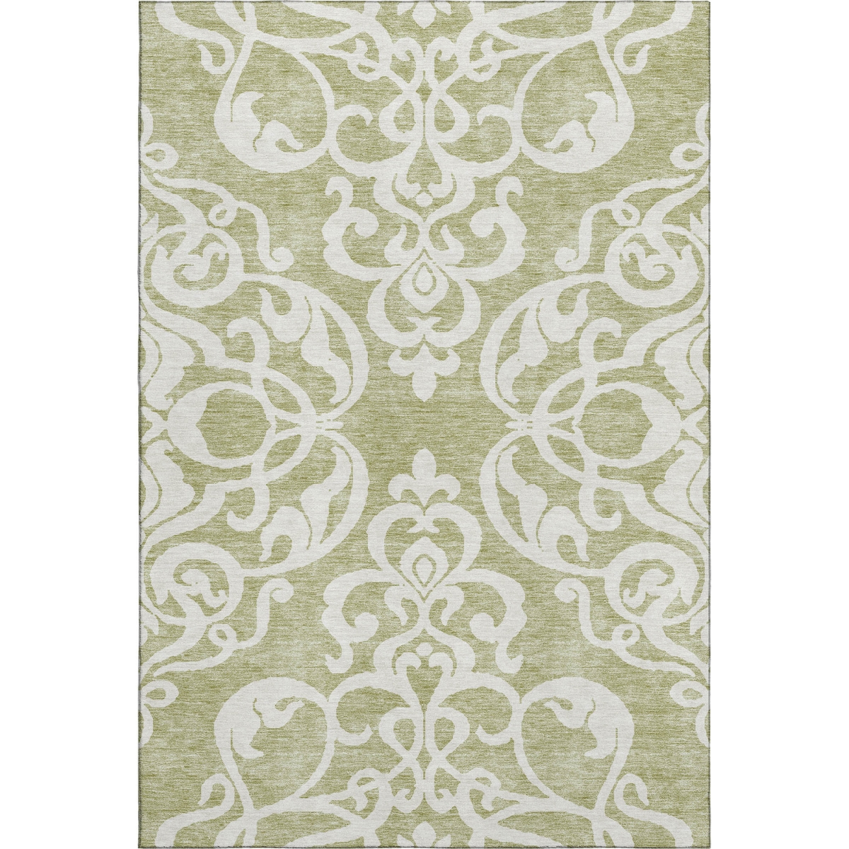 676888 8 x 10 ft. Artichoke Green & Ivory Damask Washable Machine Made Rectangle Area Rug with UV Protection