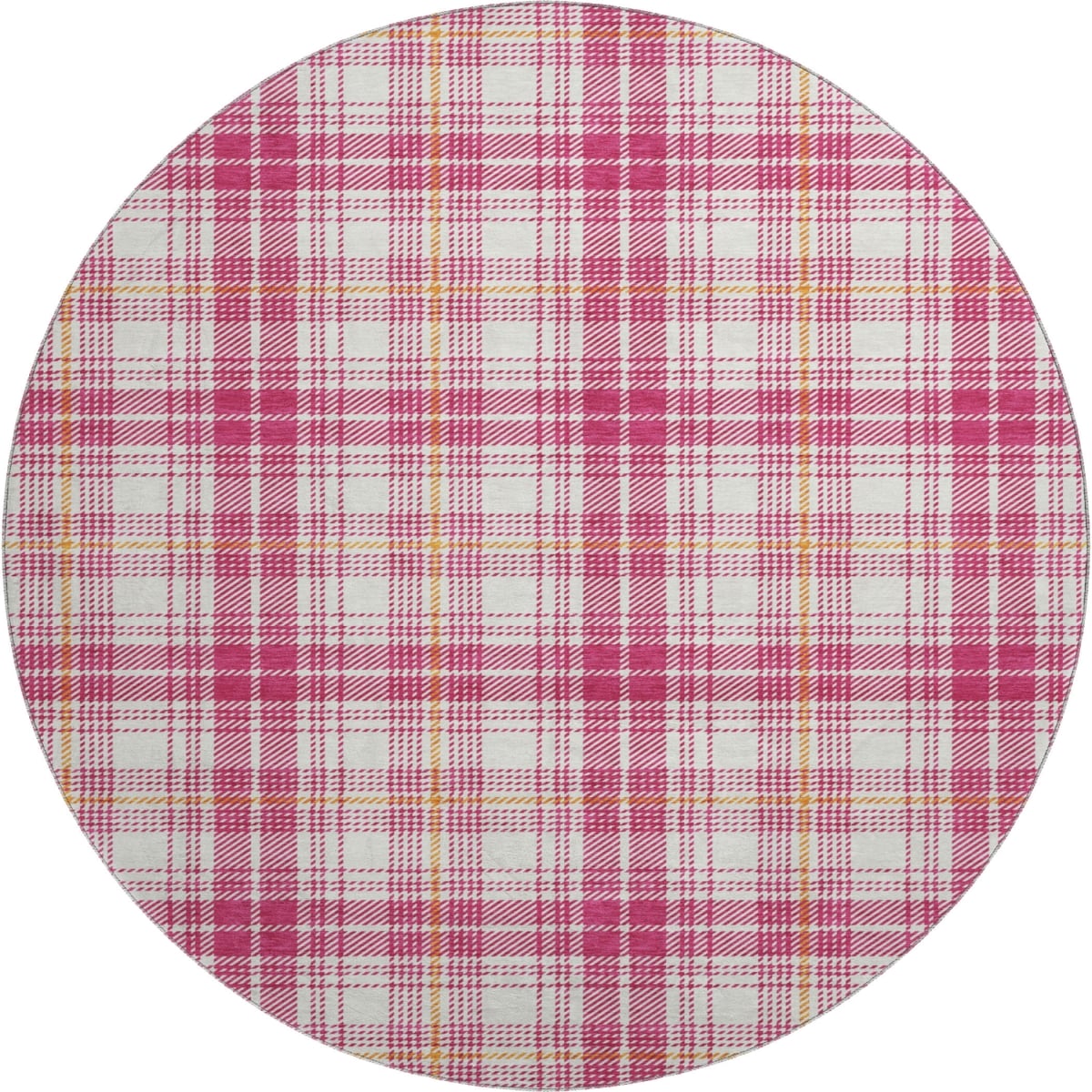 678218 8 ft. Blush Ivory & Orange Plaid Washable Round Area Rug with UV Protection