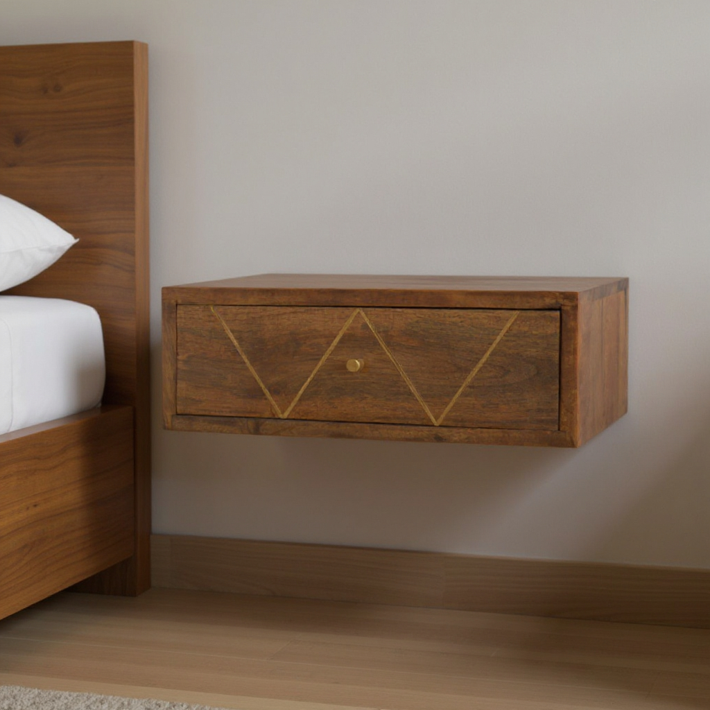 651513 5.90 x 17.70 x 12.60 in. Brown Solid Wood Geometric Brass Inlay 1 Drawer Floating Nightstand
