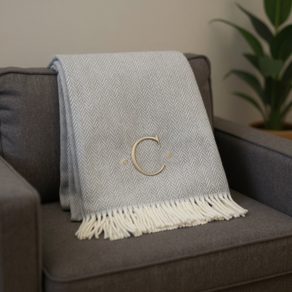 655526 70 x 55 x 0.50 in. Gray & White Herringbone Cotton Blend C Initial Throw Blanket with Tassels & Embroidery