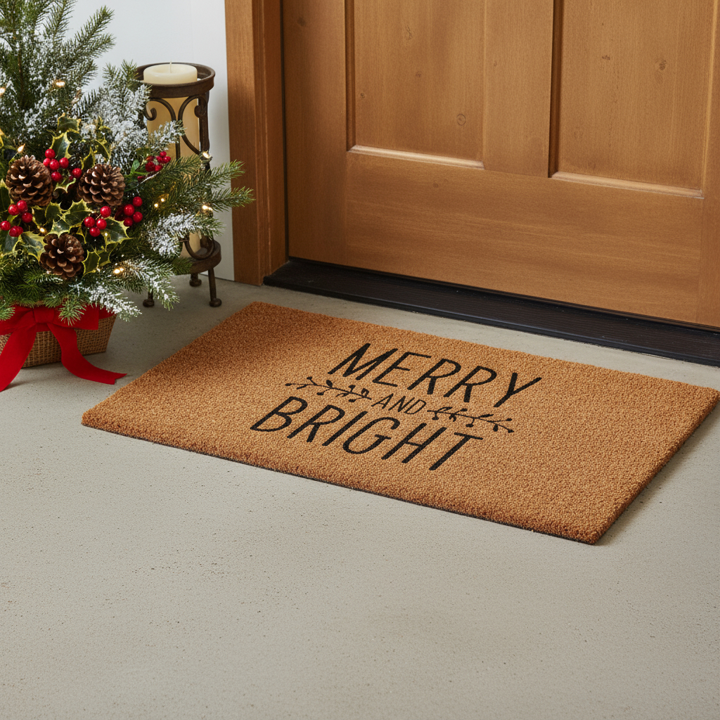 654444 24 x 36 x 0.60 in. Brown & Black Christmas Merry & Bright Outdoor Coir Door Mat