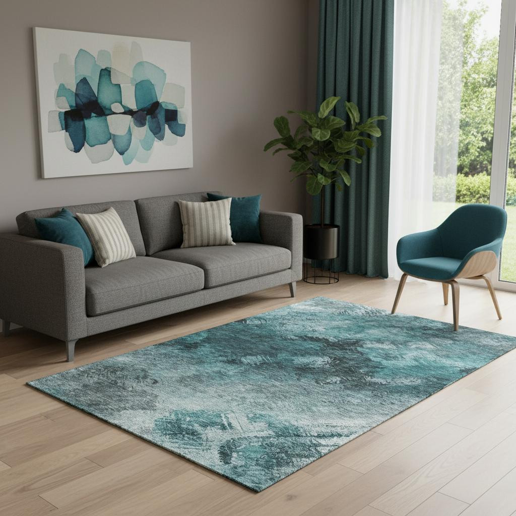 650532 5 x 8 ft. Teal Ivory & Gray Abstract Transitional Washable Machine Made Rectangle Area Rug with UV Protection