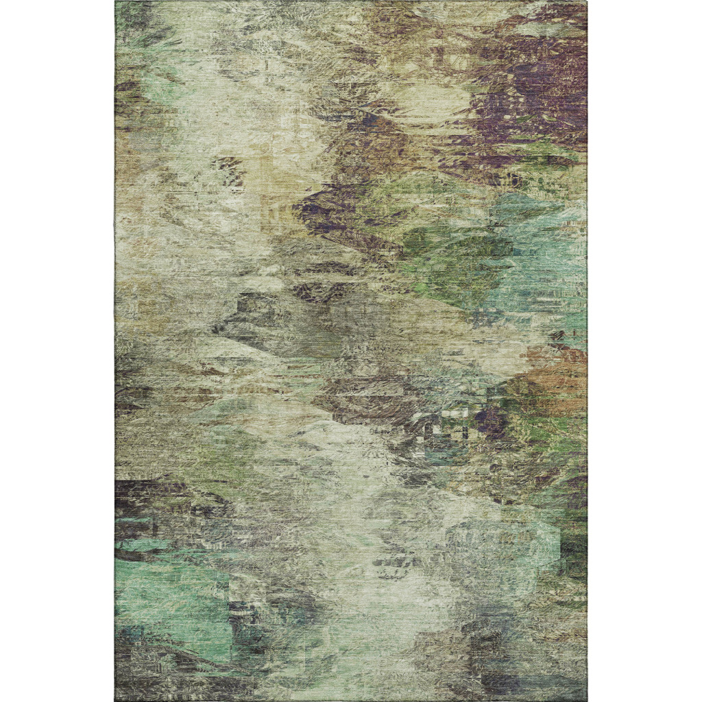 650631 9 x 12 ft. Beige Teal & Olive Green Abstract Washable Machine Made Rectangle Area Rug with UV Protection