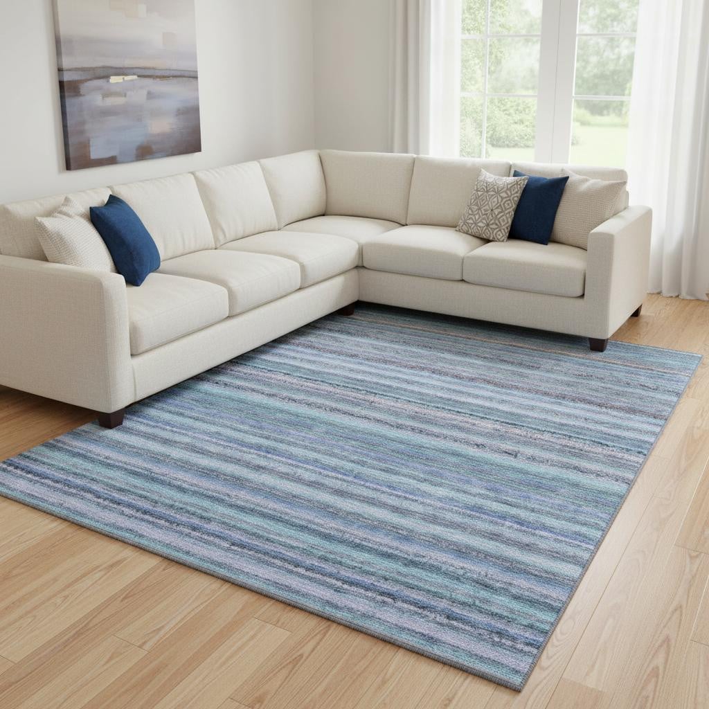 650824 10 x 14 ft. Sky Blue & Gray Striped Washable Machine Made Rectangle Area Rug with UV Protection