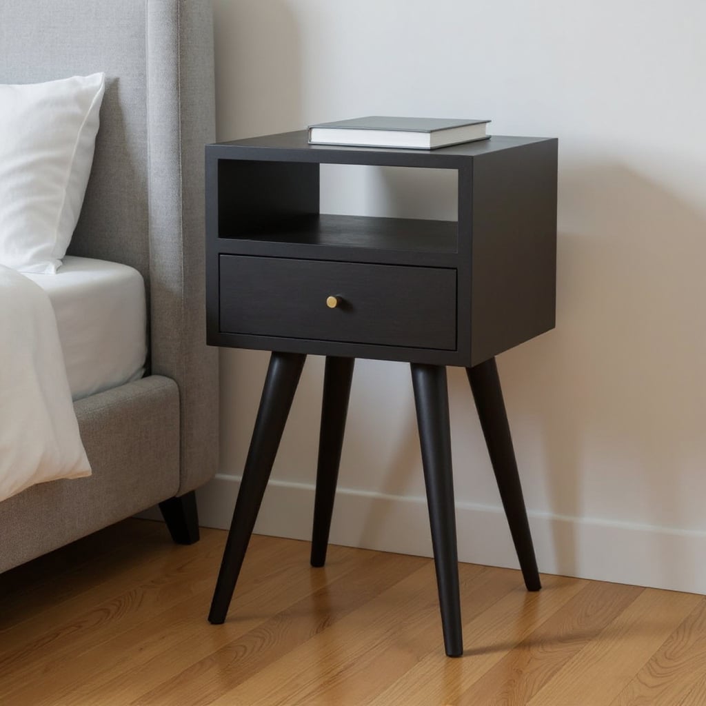 651609 22.40 x 11.80 x 11.80 in. Black Solid Wood Square 1 Drawer Nightstand