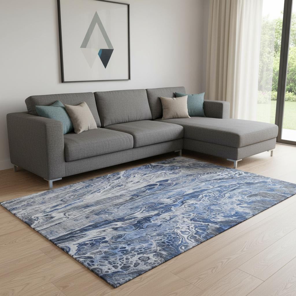 650932 10 x 14 ft. Blue, Gray & Ivory Abstract Contemporary Washable Machine Made Rectangle Area Rug with UV Protection