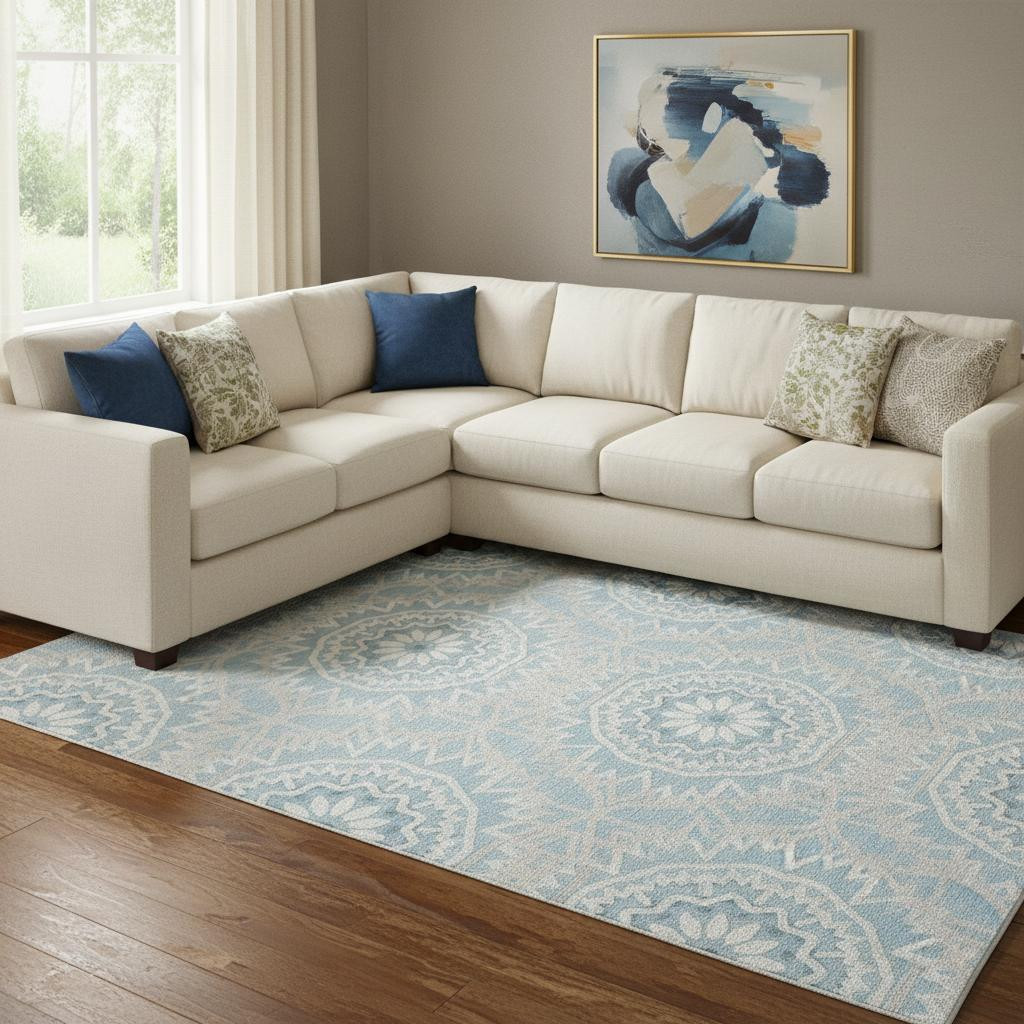 652221 10 x 14 ft. Denim Blue & Ivory Geometric Transitional Washable Machine Made Rectangle Area Rug with UV Protection
