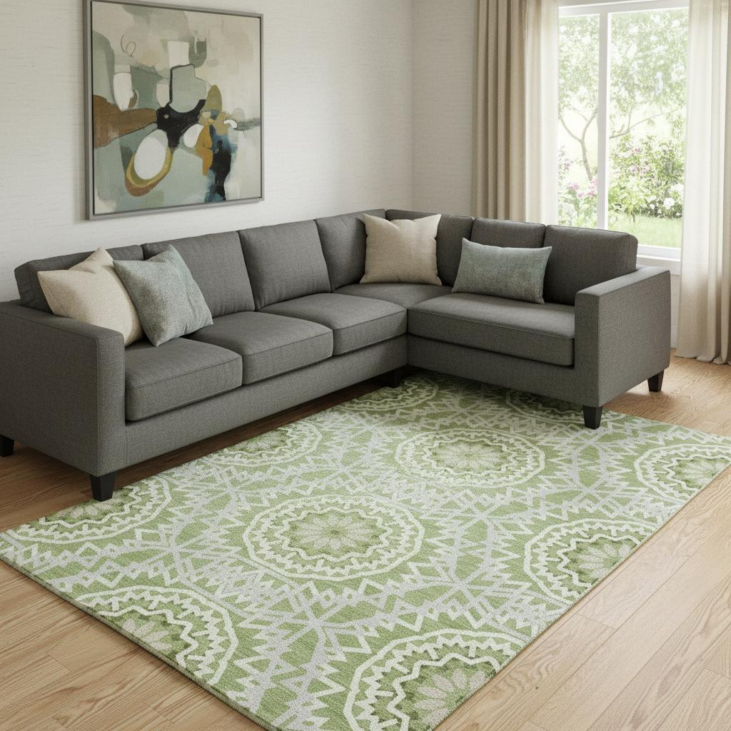 652227 10 x 14 ft. Green & Ivory Geometric Transitional Washable Machine Made Rectangle Area Rug with UV Protection