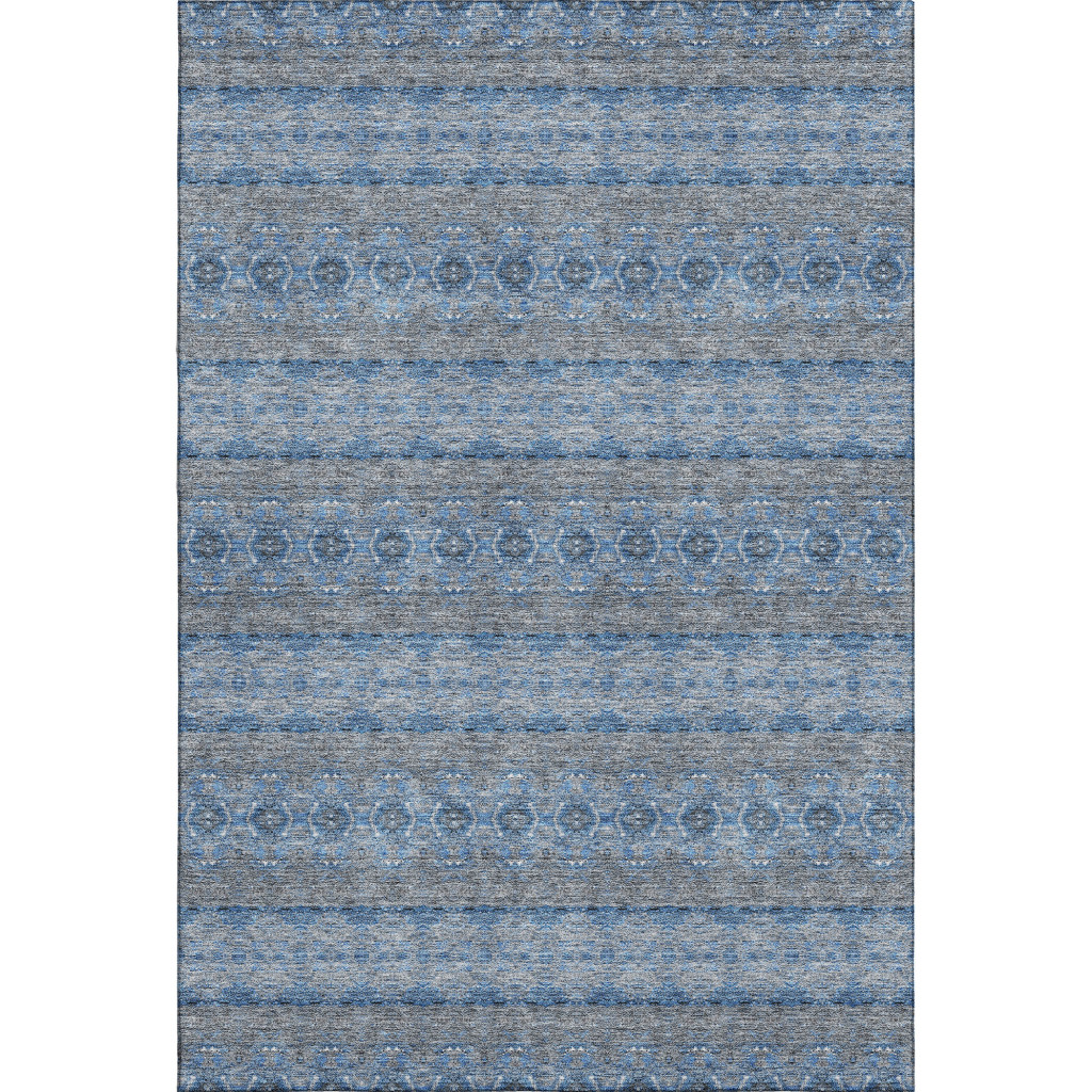 651330 5 x 8 ft. Navy Blue, Gray & Ivory Floral Medallion Washable Machine Made Rectangle Area Rug with UV Protection