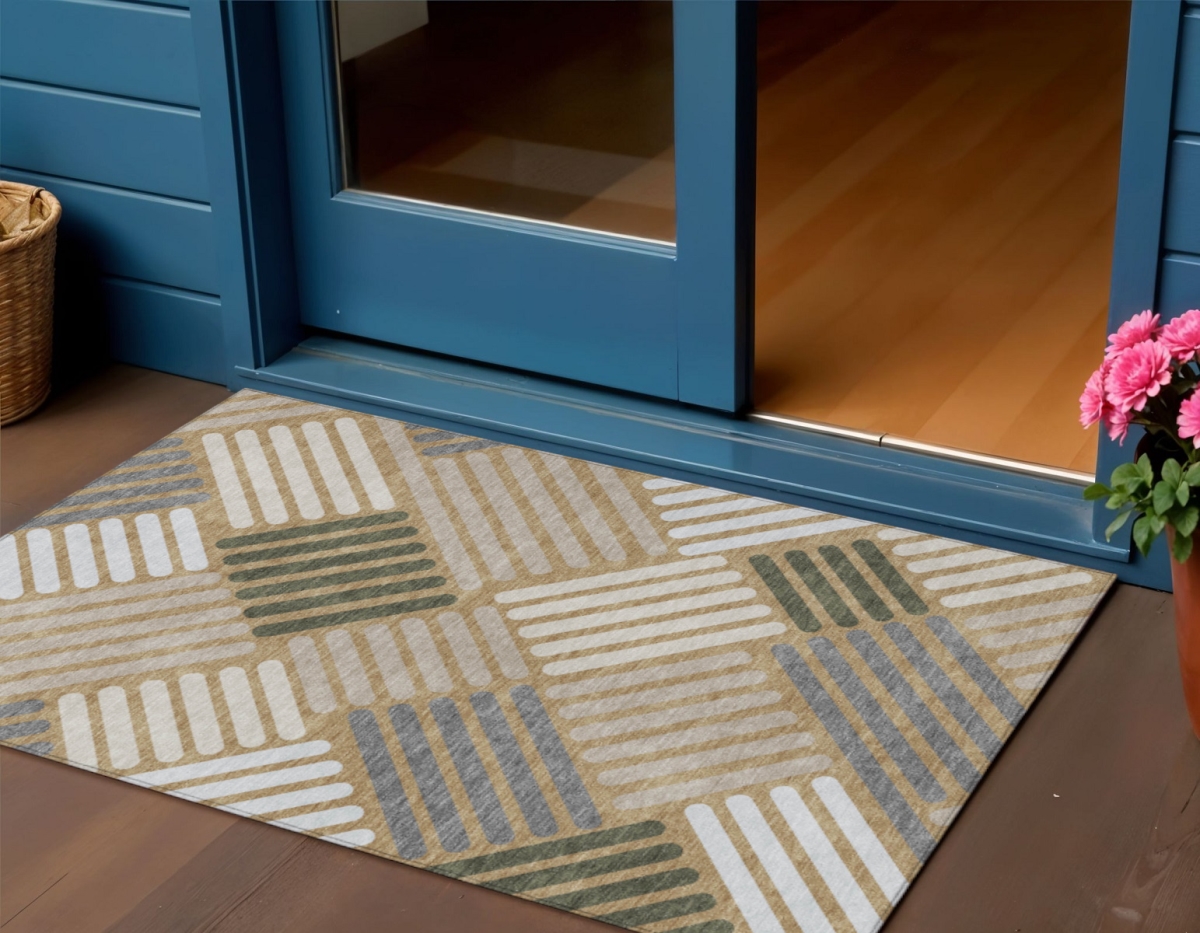660403 3 x 5 ft. Gold Ivory & Charcoal Geometric Washable Transitional Indoor & Outdoor Rectangle Area Rug