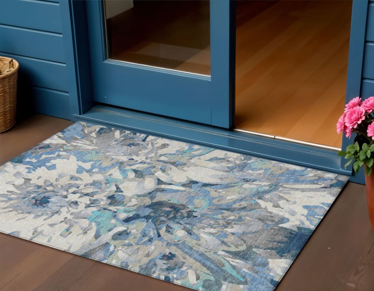 660451 3 x 5 ft. Denim Blue, Gray & Ivory Floral Washable Transitional Indoor & Outdoor Rectangle Area Rug