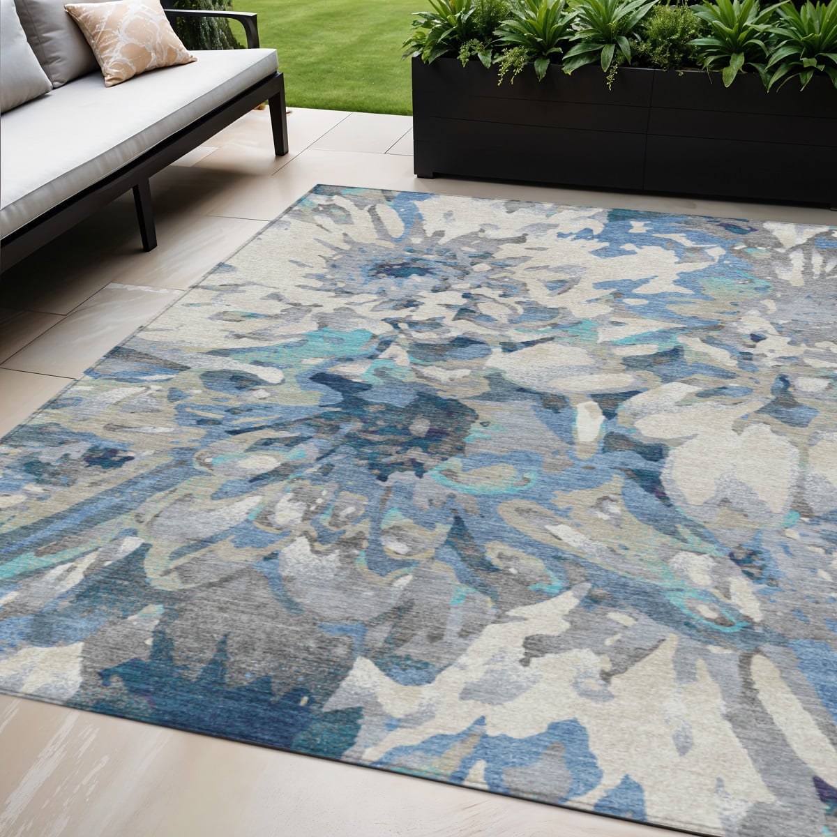 660452 5 x 8 ft. Denim Blue, Gray & Ivory Floral Washable Transitional Indoor & Outdoor Rectangle Area Rug