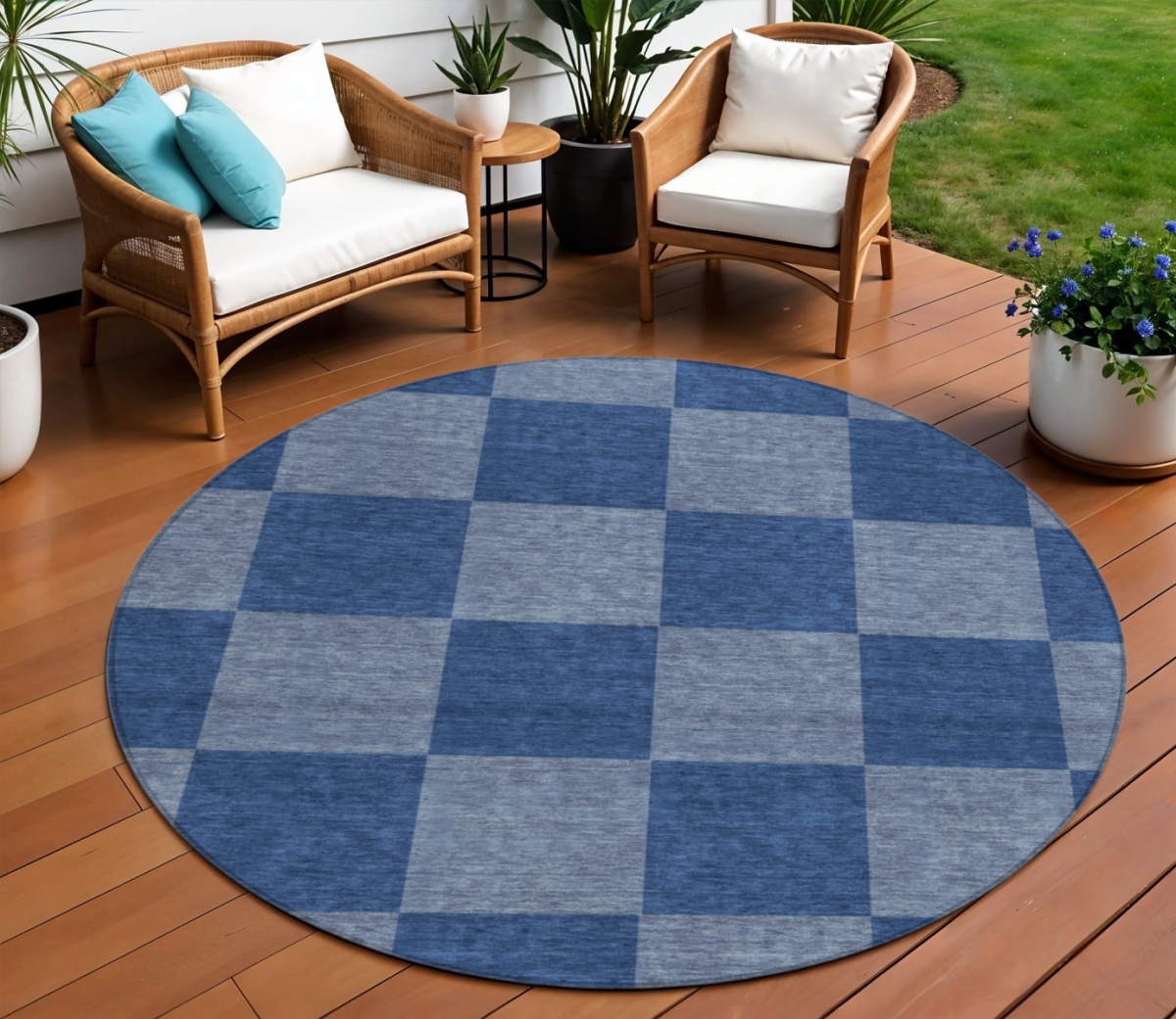 660669 8 ft. Blue & Gray Geometric Washable Transitional Indoor & Outdoor Round Area Rug