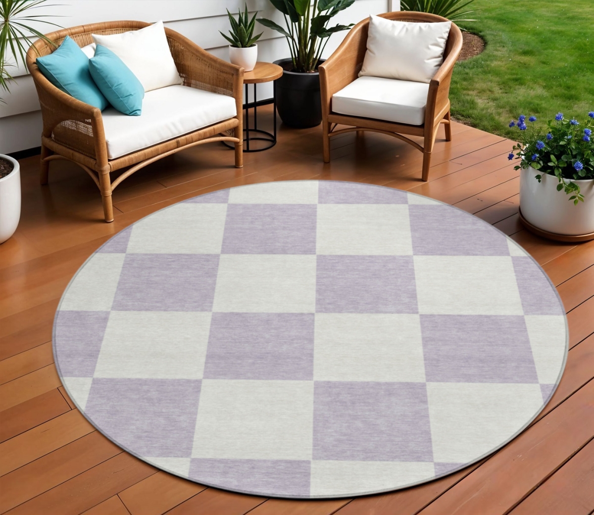 660711 8 ft. Lavender & Ivory Geometric Washable Transitional Indoor & Outdoor Round Area Rug