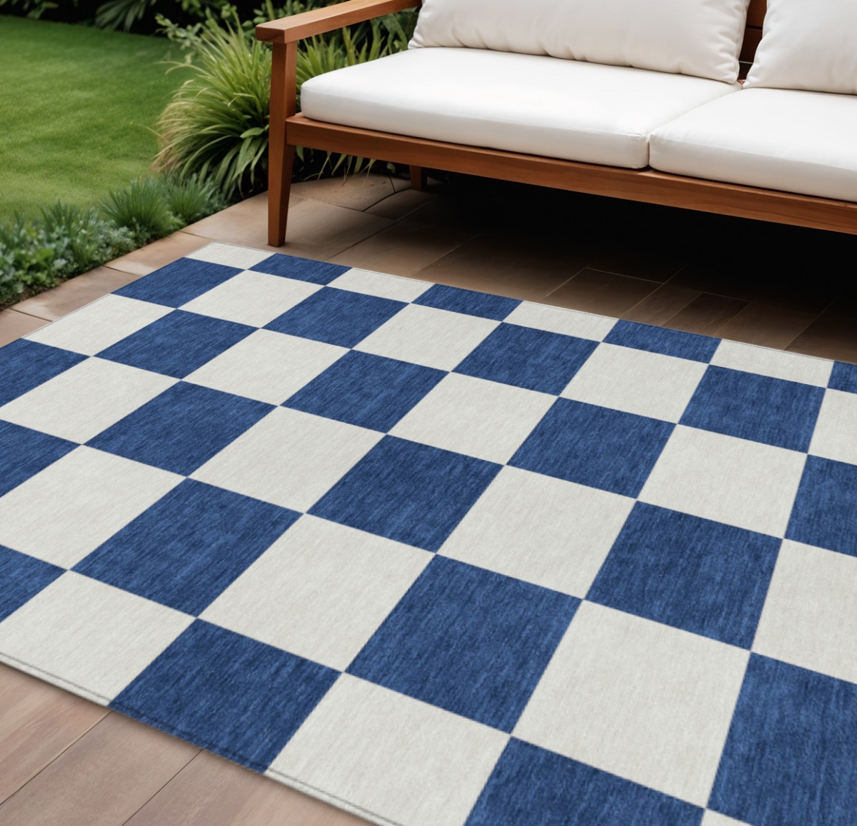 660726 10 x 14 ft. Navy Blue & Ivory Geometric Washable Transitional Indoor & Outdoor Rectangle Area Rug