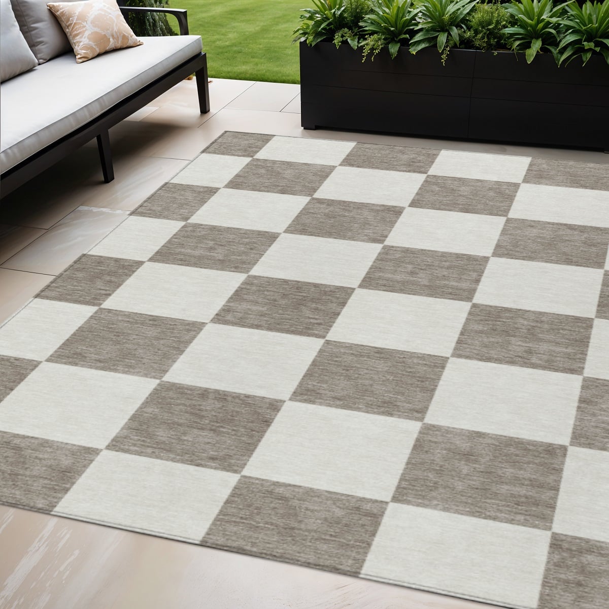 660758 5 x 8 ft. Taupe & Ivory Geometric Washable Transitional Indoor & Outdoor Rectangle Area Rug