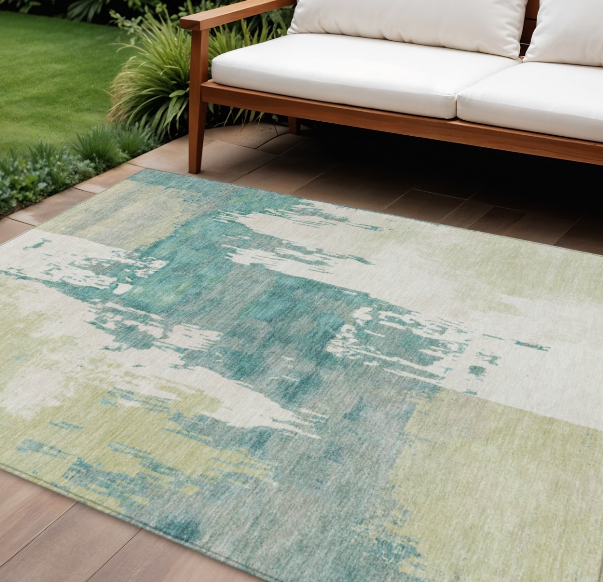 660810 10 x 14 ft. Artichoke Green, Ivory & Aqua Abstract Washable Contemporary Indoor & Outdoor Rectangle Area Rug