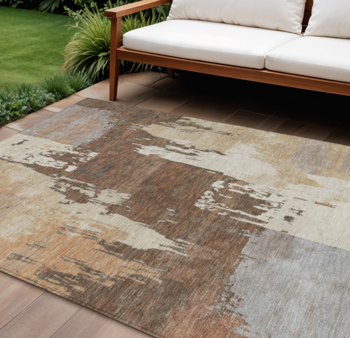 660828 10 x 14 ft. Rust Ivory & Gray Abstract Washable Contemporary Indoor & Outdoor Rectangle Area Rug