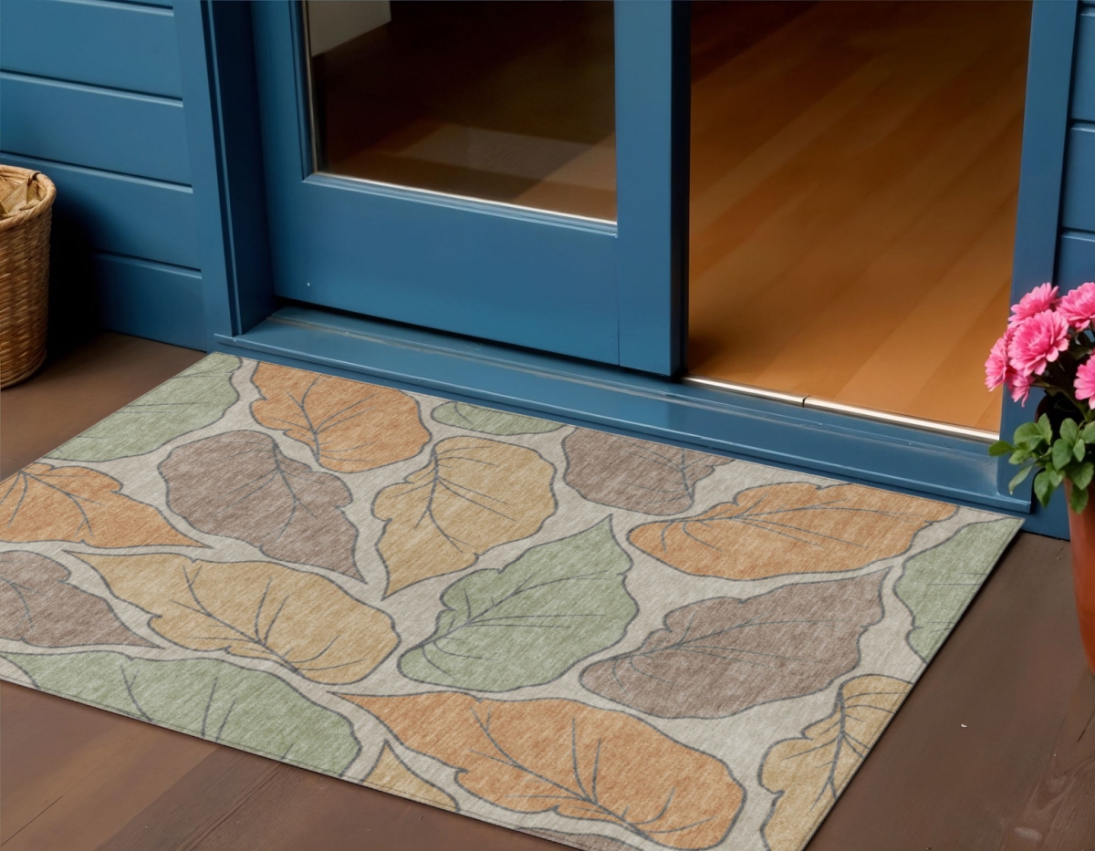 660859 3 x 5 ft. Copper, Ivory & Sage Botanical Leaves Washable Transitional Indoor & Outdoor Rectangle Area Rug