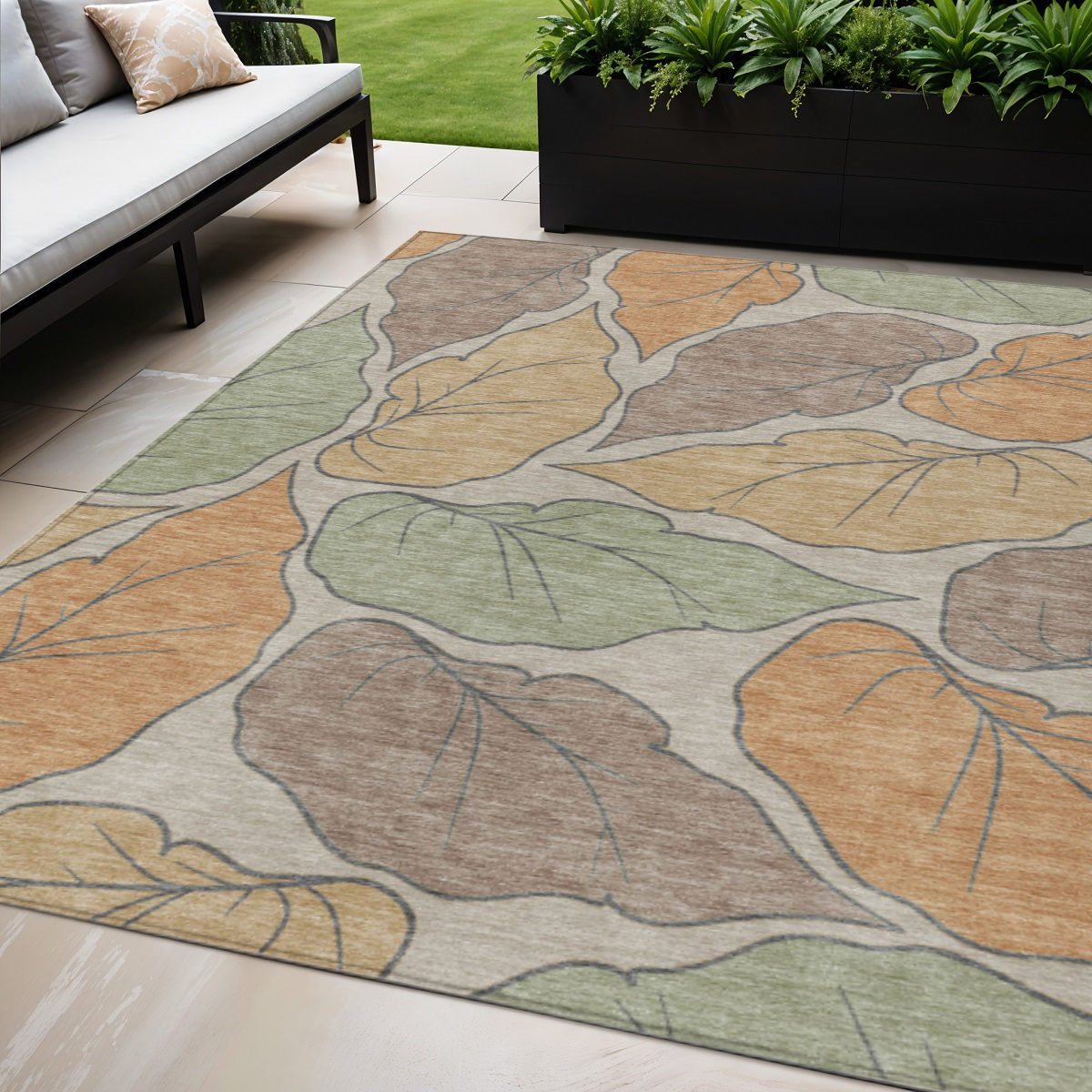 660860 5 x 8 ft. Copper, Ivory & Sage Botanical Leaves Washable Transitional Indoor & Outdoor Rectangle Area Rug