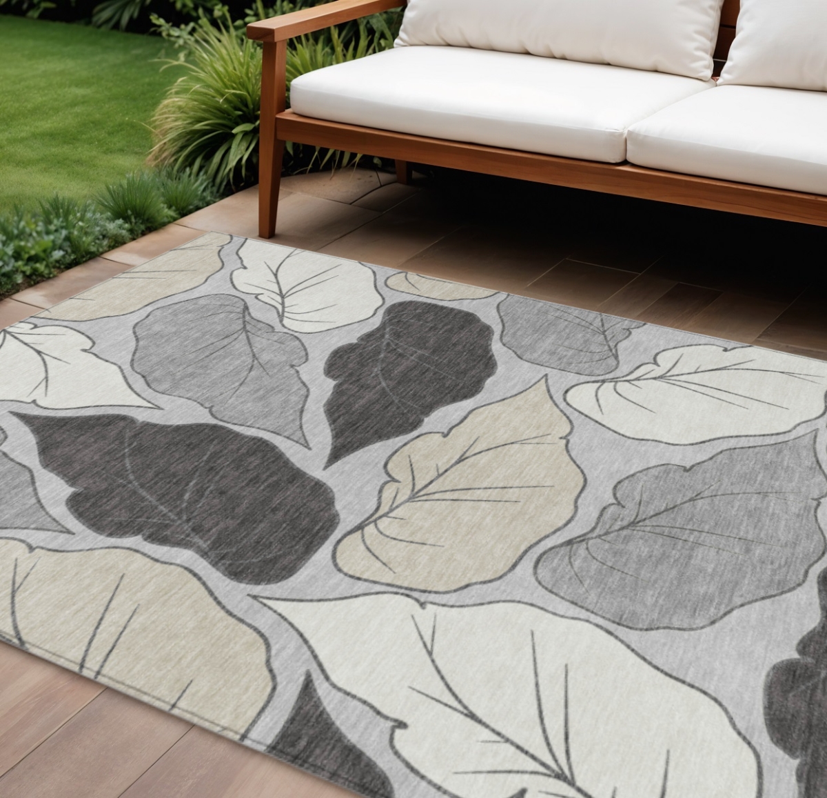 660874 8 x 10 ft. Silver, Gray & Beige Botanical Leaves Washable Transitional Indoor & Outdoor Rectangle Area Rug