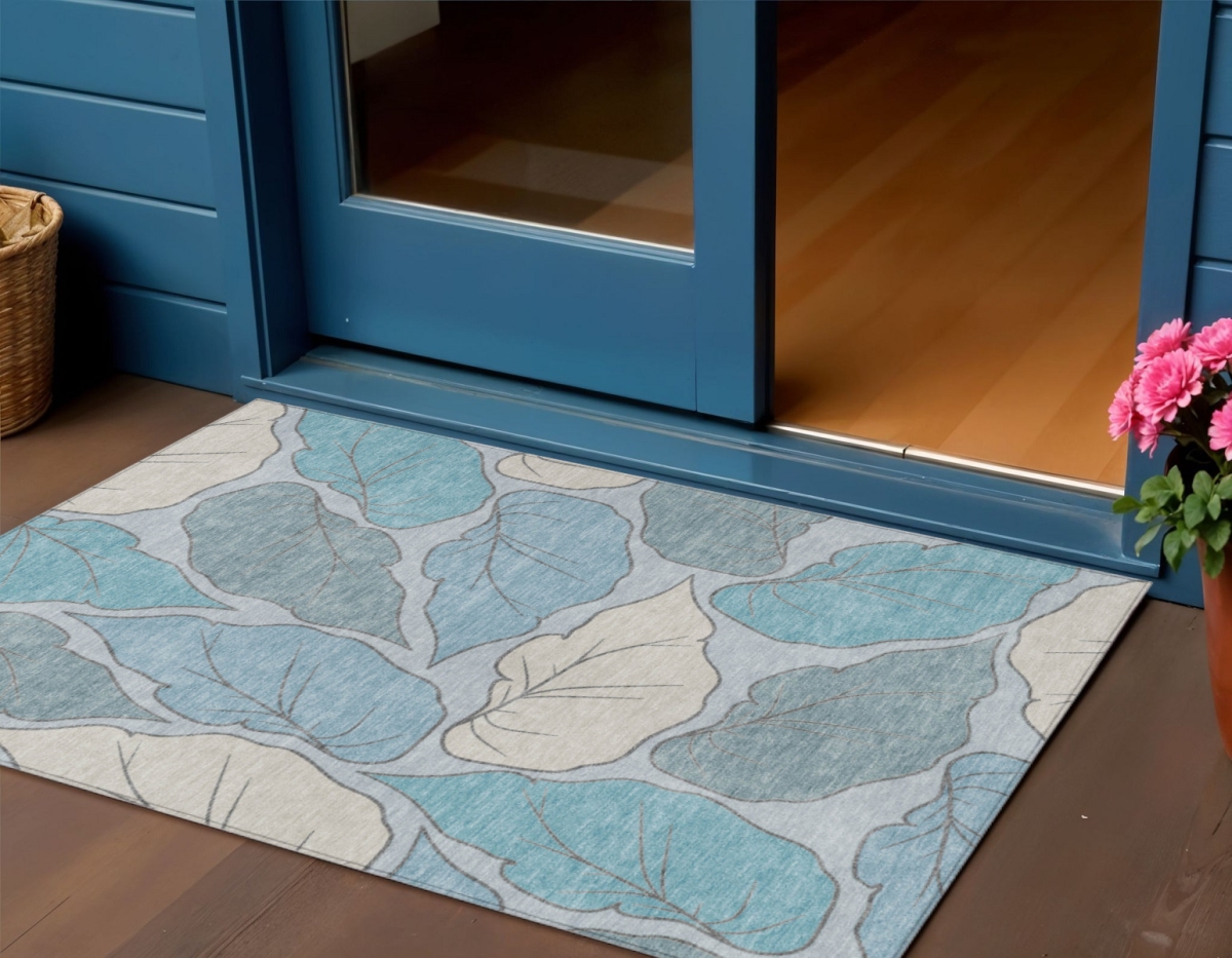 660877 3 x 5 ft. Teal, Blue & Ivory Botanical Leaves Washable Transitional Indoor & Outdoor Rectangle Area Rug