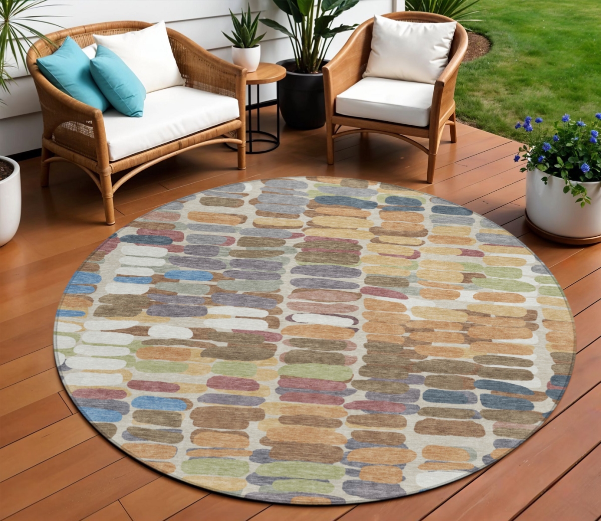 660897 8 ft. Copper White & Gray Abstract Washable Transitional Indoor & Outdoor Round Area Rug