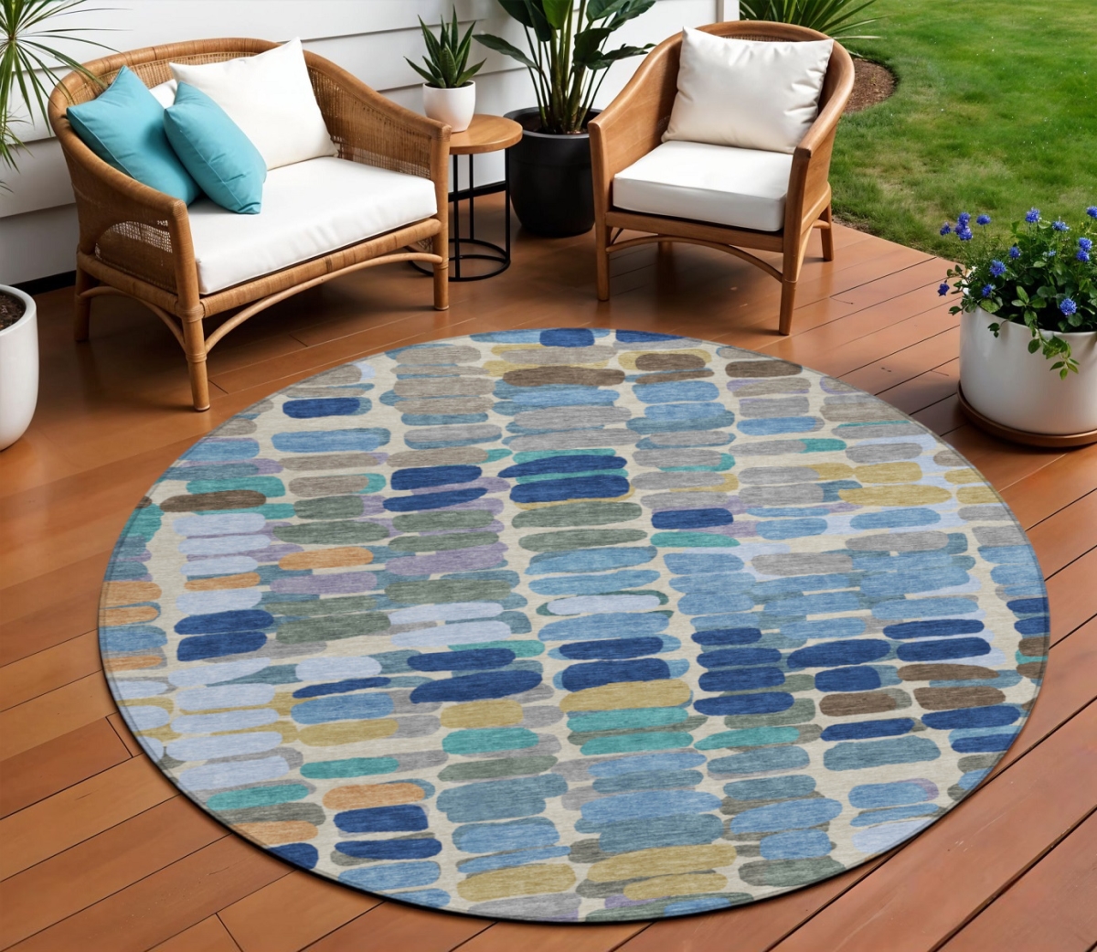 660903 8 ft. Denim Blue Wheat & Beige Abstract Washable Transitional Indoor & Outdoor Round Area Rug