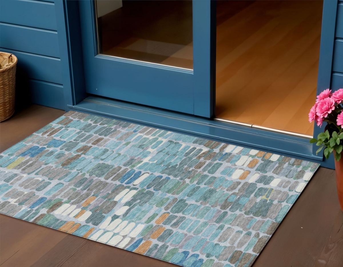 660919 3 x 5 ft. Teal Blue Copper & Ivory Abstract Washable Transitional Indoor & Outdoor Rectangle Area Rug