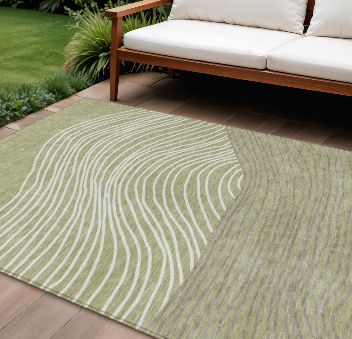 660928 8 x 10 ft. Artichoke Green & Ivory Striped Washable Transitional Indoor & Outdoor Rectangle Area Rug