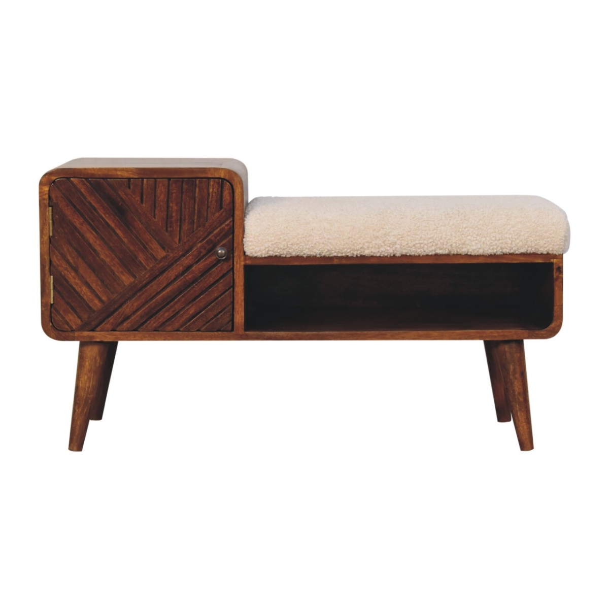 657375 35 in. Boucle & Solid Wood Upholstered Bench with Cabinet & Shelf - Cream & Chestnut