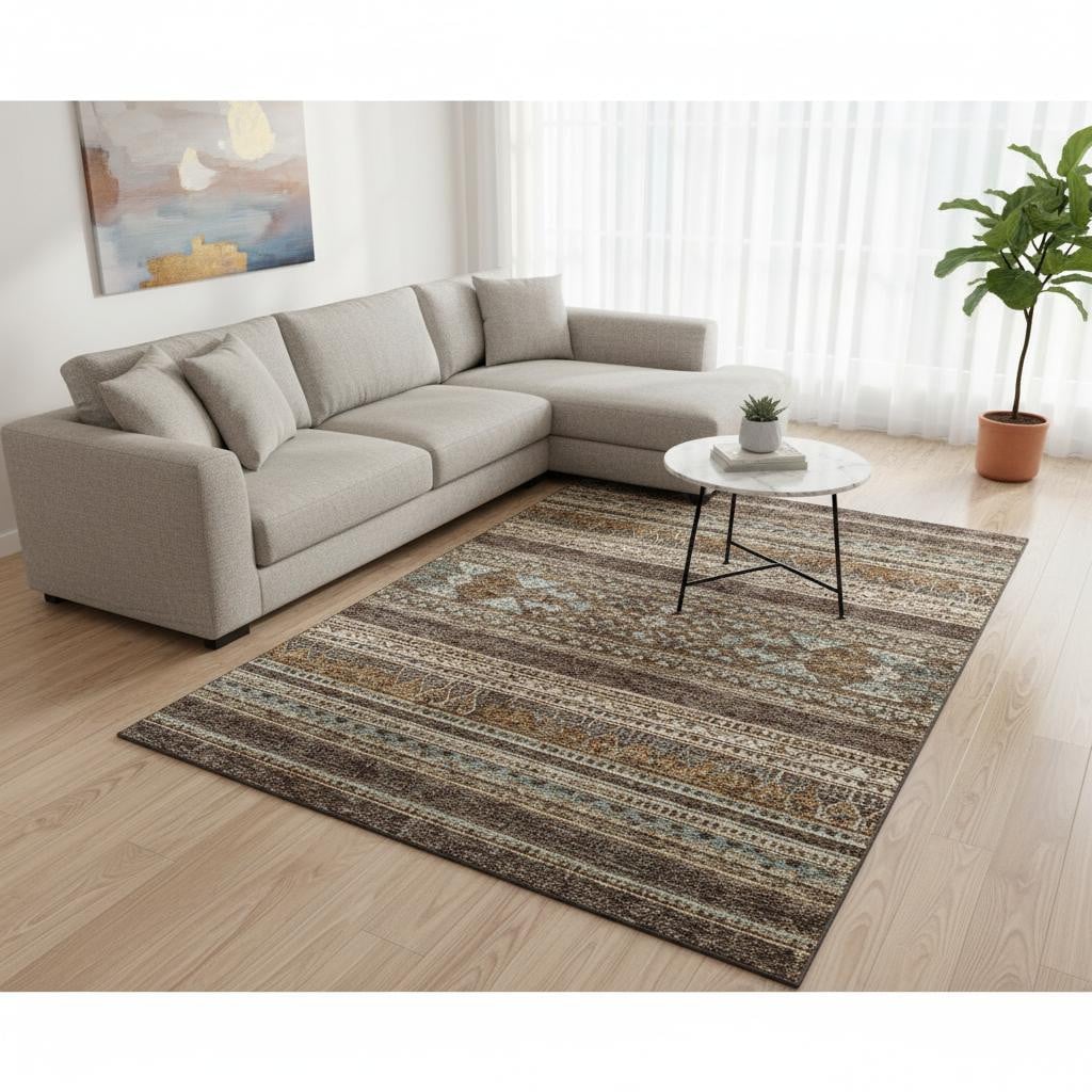 657412 9 x 12 ft. Chocolate Copper & Ivory Southwestern Washable Machine Made Rectangle Area Rug with UV Protection