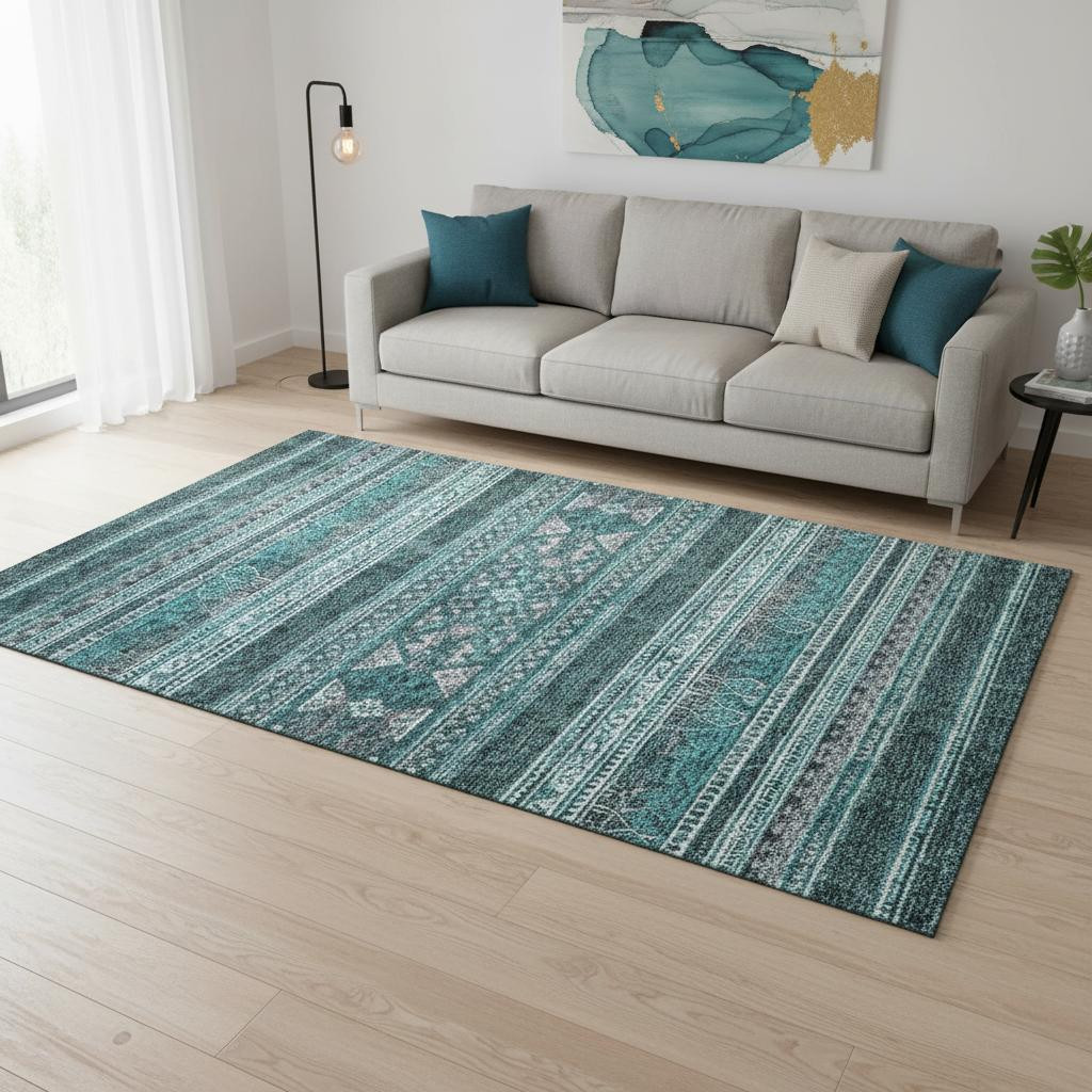 657457 5 x 8 ft. Teal & Ivory Southwestern Transitional Washable Machine Made Rectangle Area Rug with UV Protection