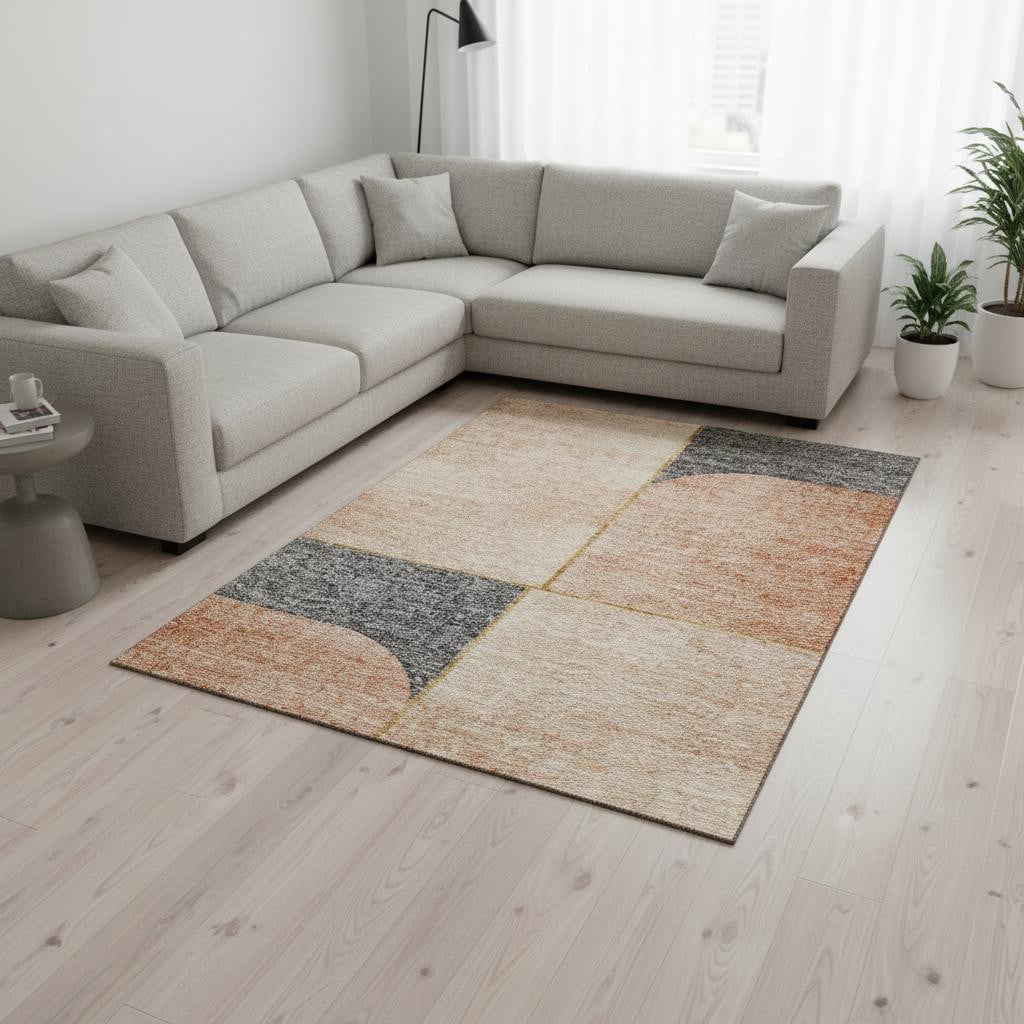 657495 8 x 10 ft. Coral Gray & Gold Geometric Washable Machine Made Rectangle Area Rug with UV Protection