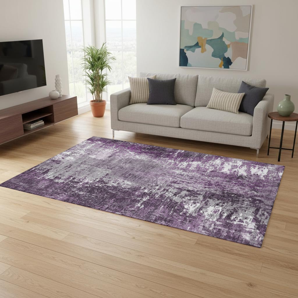 657511 5 x 8 ft. Eggplant & Ivory Abstract Transitional Washable Machine Made Rectangle Area Rug with UV Protection